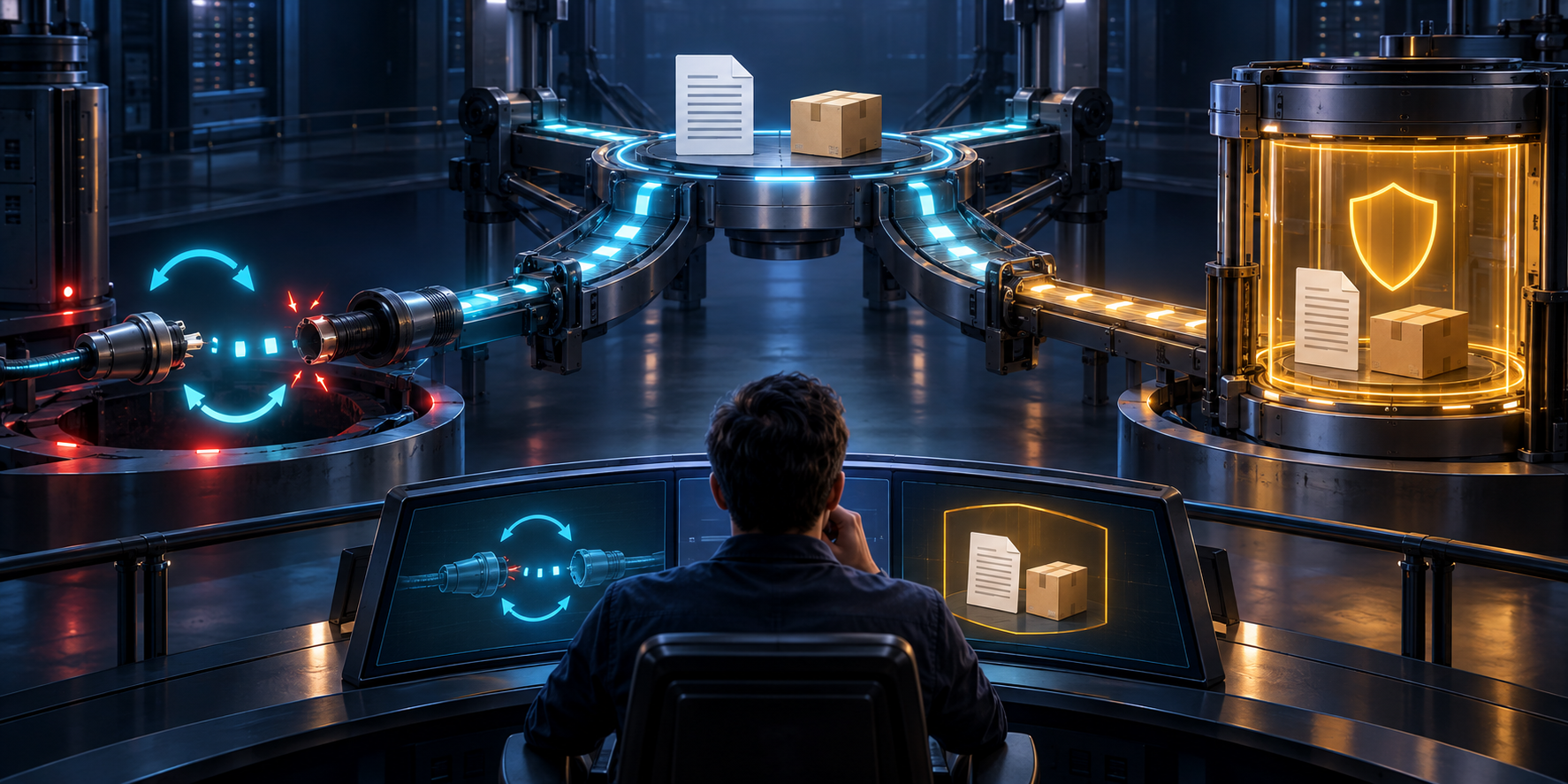An operations specialist examines a review record split between a broken network path and a separate compliance inspection path.