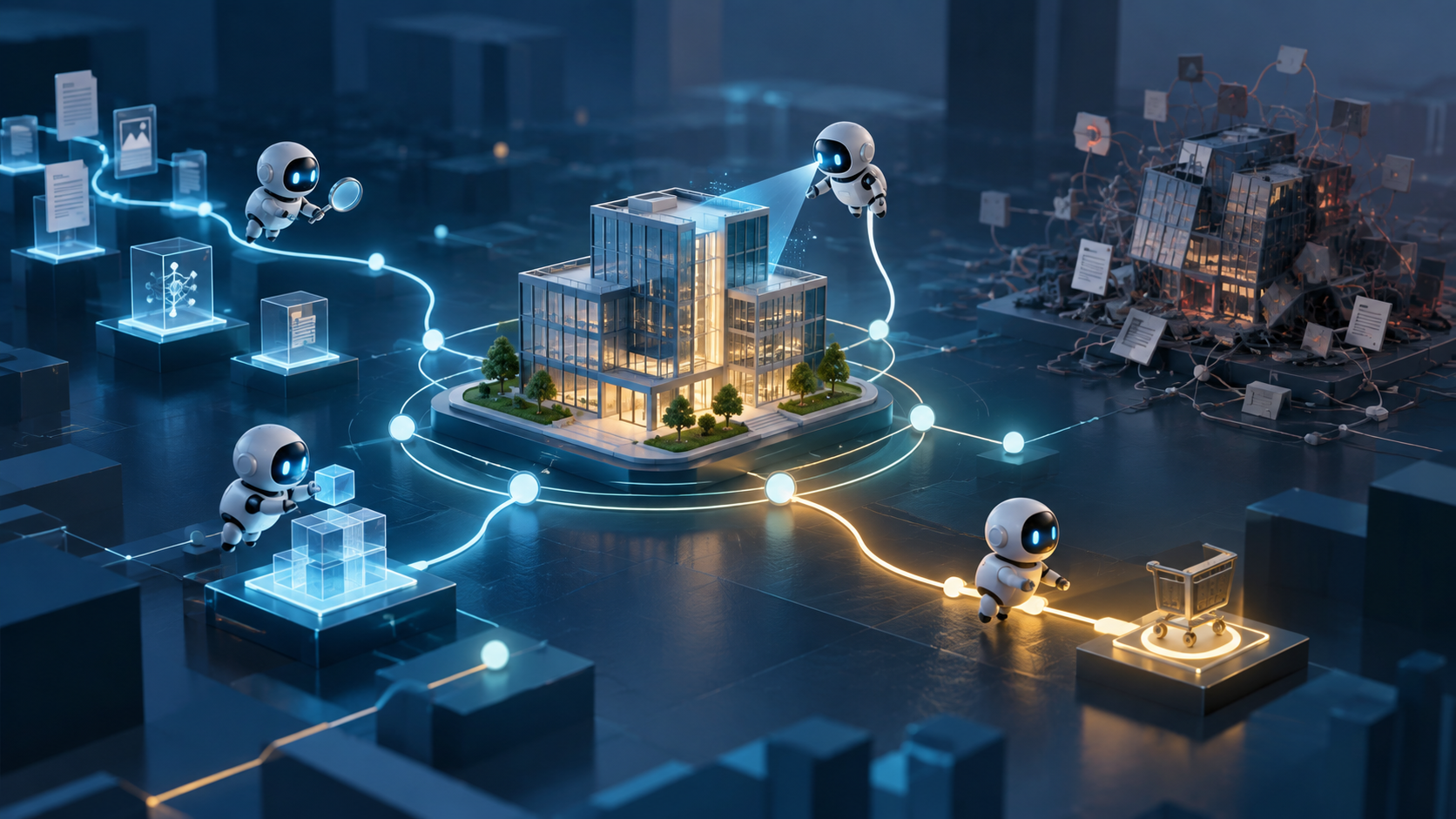 Editorial illustration of digital agents navigating an information network toward an accurate company model and a clear action path, beside a distorted duplicate with tangled connections.