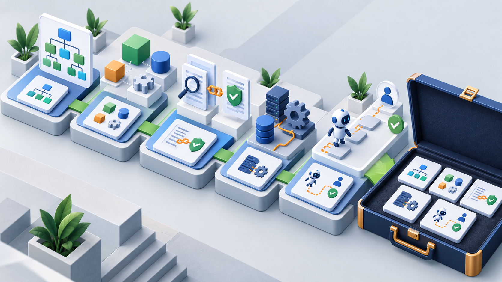 Isometric illustration of a service workbench with stages for mapping a site, separating product entities, linking evidence, checking technical components, and testing an agent task path.