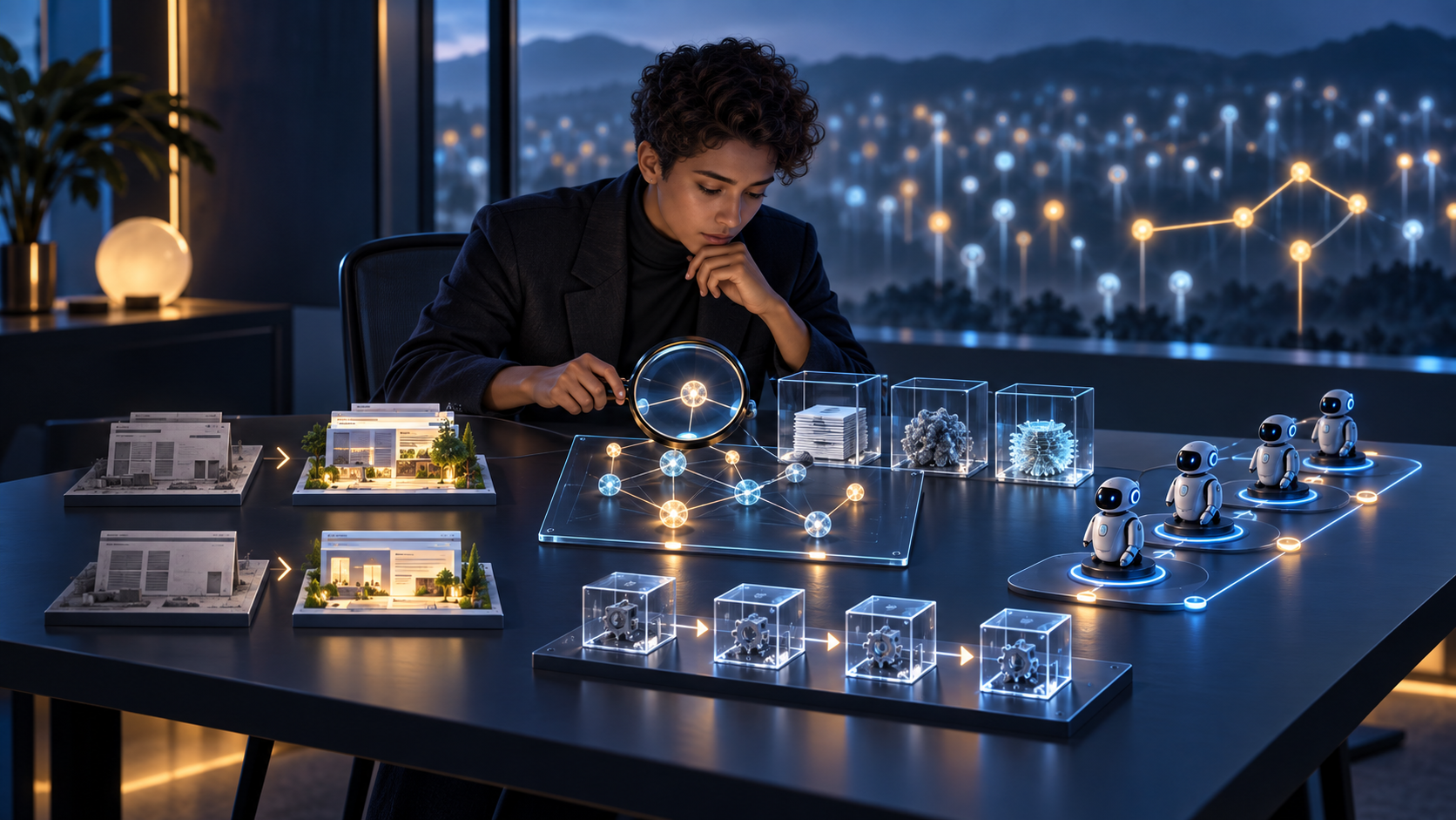 A buyer examines source containers, before-and-after models, linked evidence, and repeatable agent tests while decorative glowing signals remain in the background.