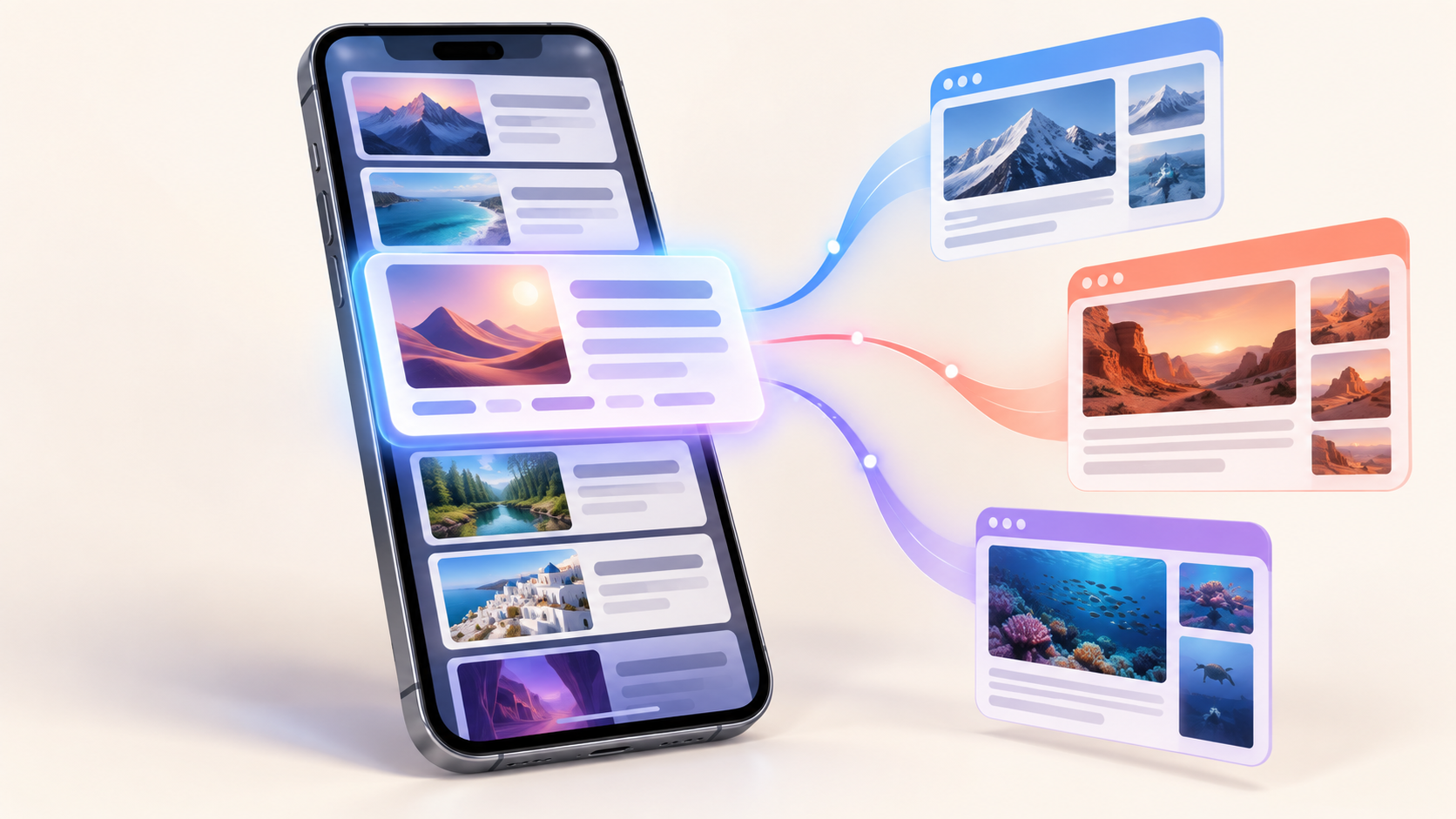 A smartphone shows an expanded glowing summary card among image-based content cards, with visual pathways leading to separate publisher pages.