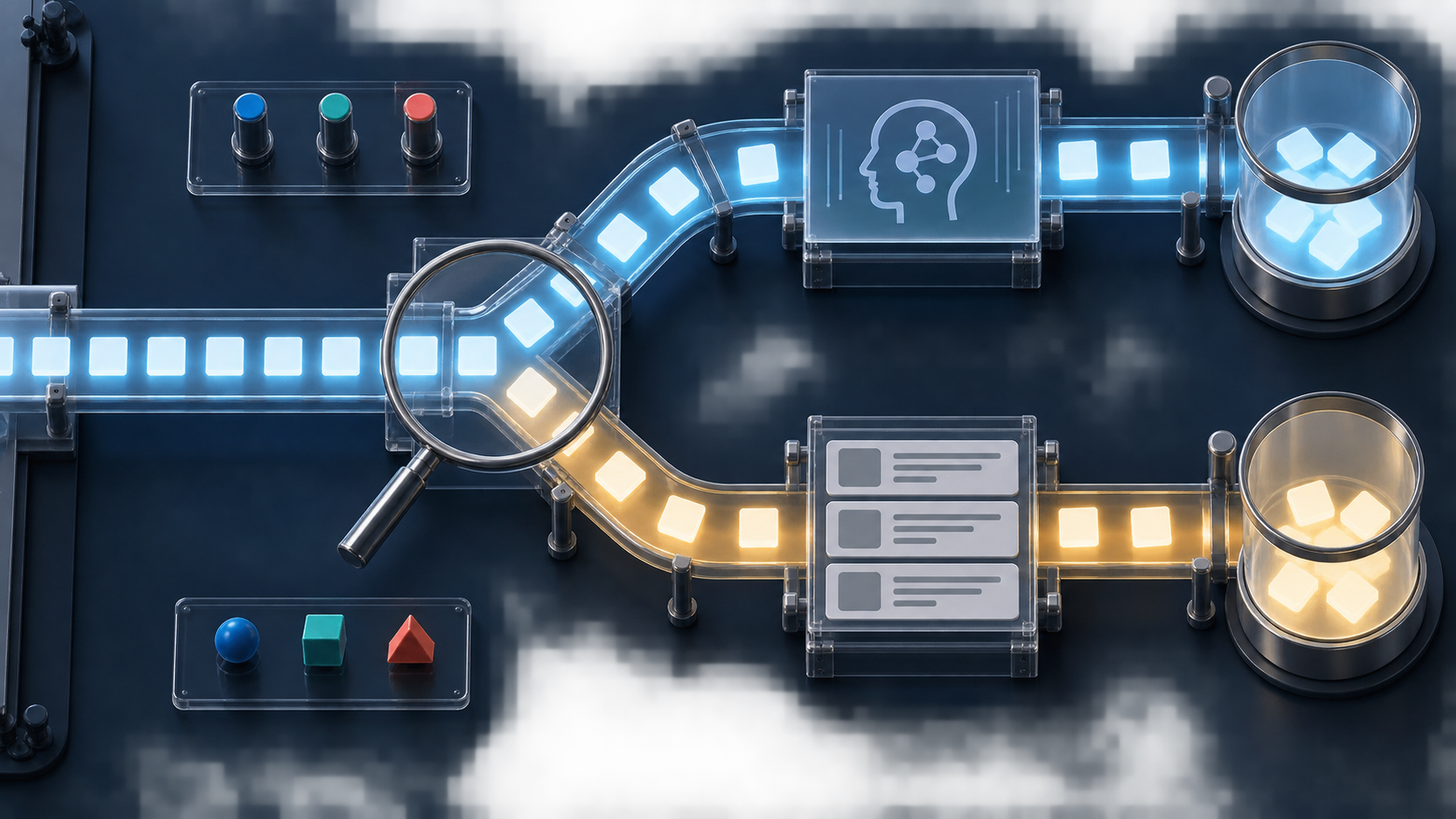 Two streams of content tiles pass through separate test pathways while a magnifying lens and measuring vessels represent controlled analysis.