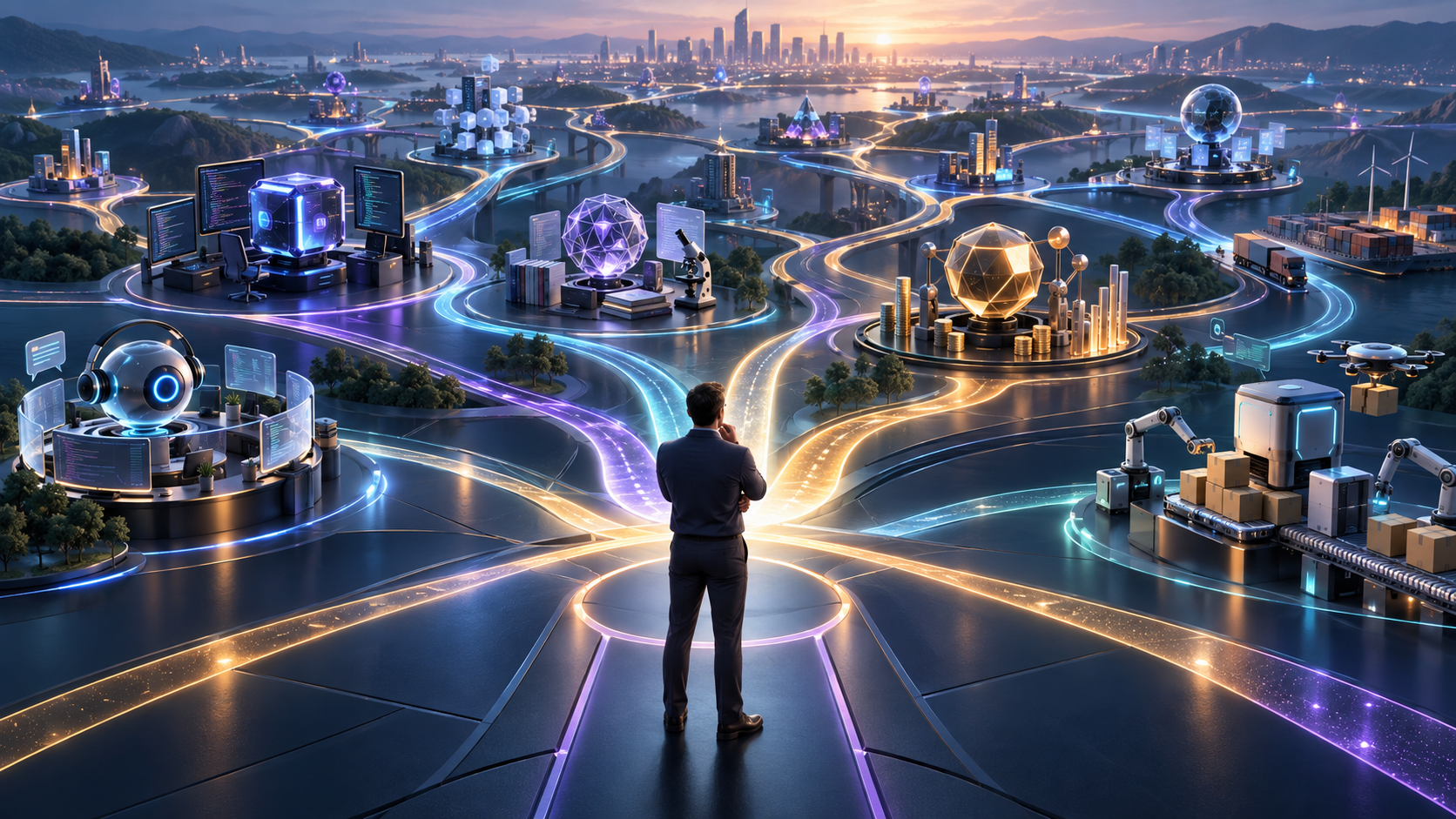 A person surveys a branching network of glowing AI machines connected to specialized business workstations.