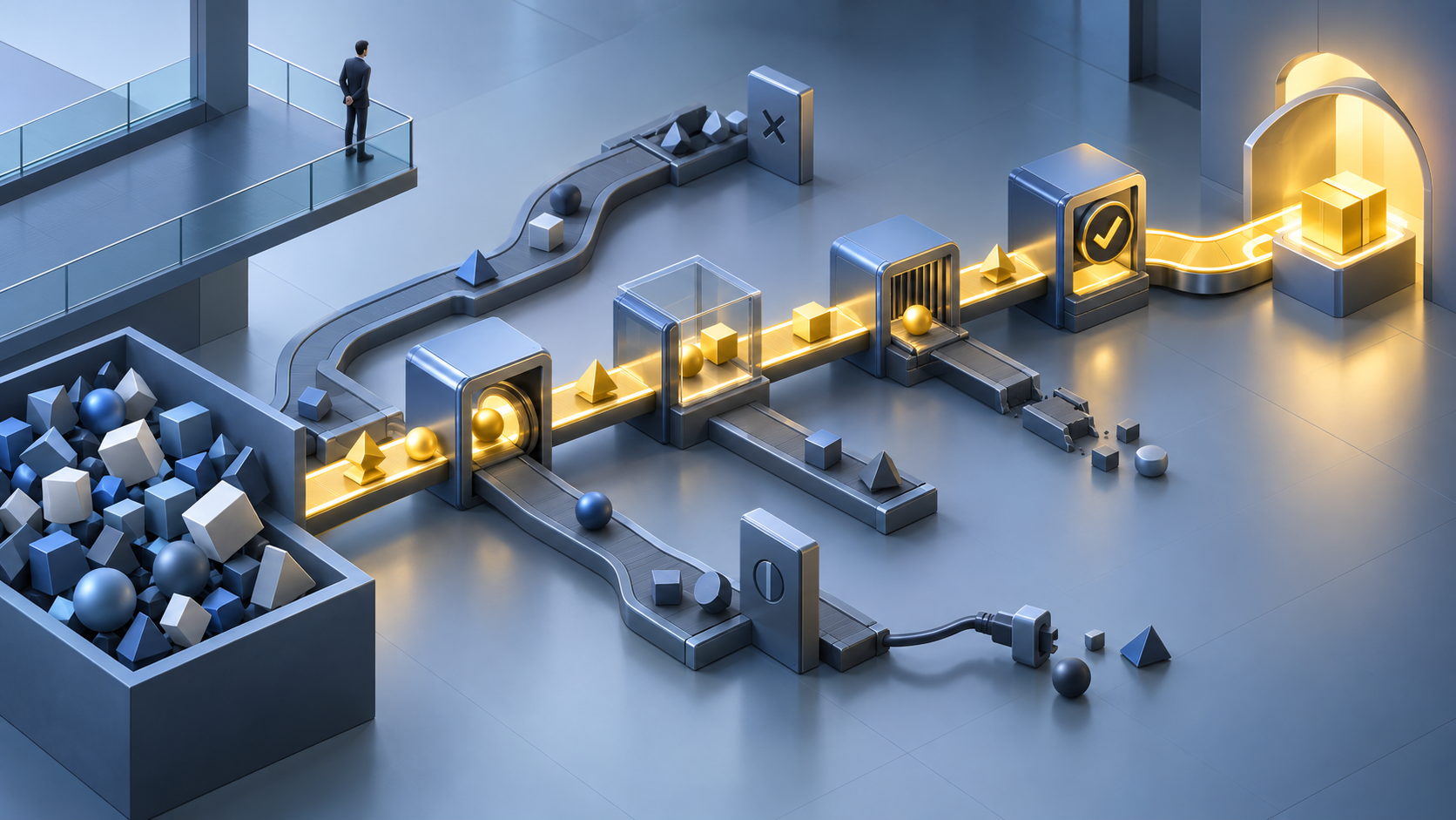 An automated workflow passes through connected stations to a completed package while several alternate routes stop at incomplete handoffs.