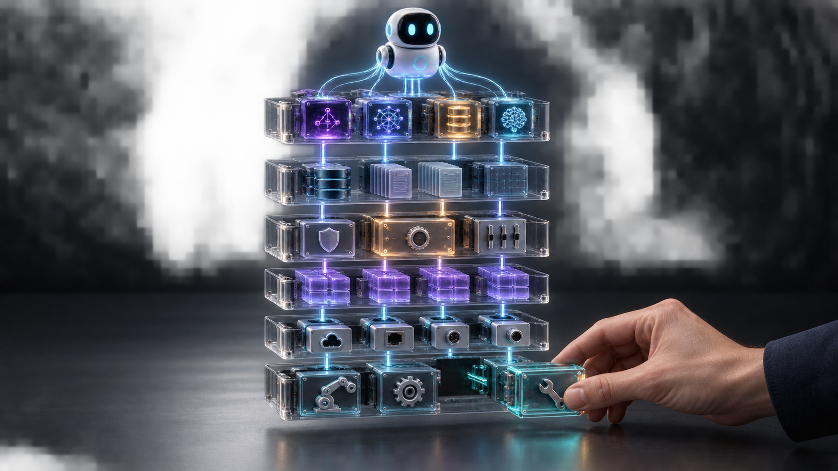 An exploded modular AI system shows an agent above separate reasoning, memory, control, data, and tool components as a hand replaces one module.