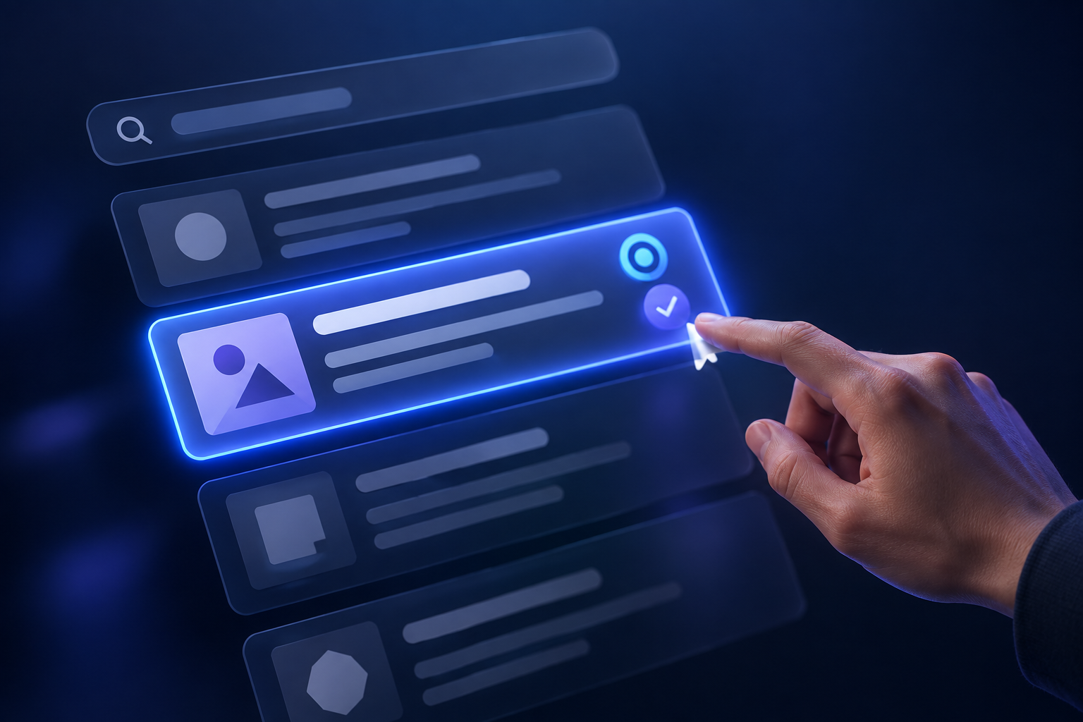 A hand selects one brightly highlighted card from a set of abstract search result cards on a dark blue interface.