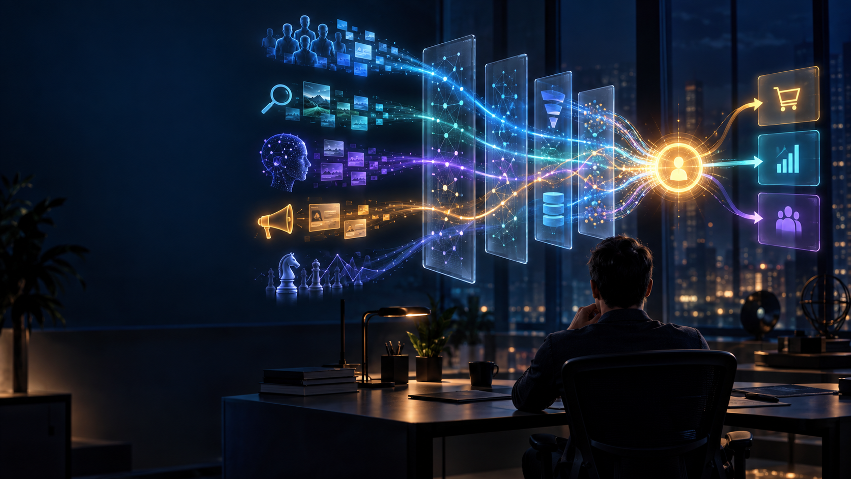 An analyst watches multiple streams of search and business signals pass through transparent layers and converge on one illuminated decision point.