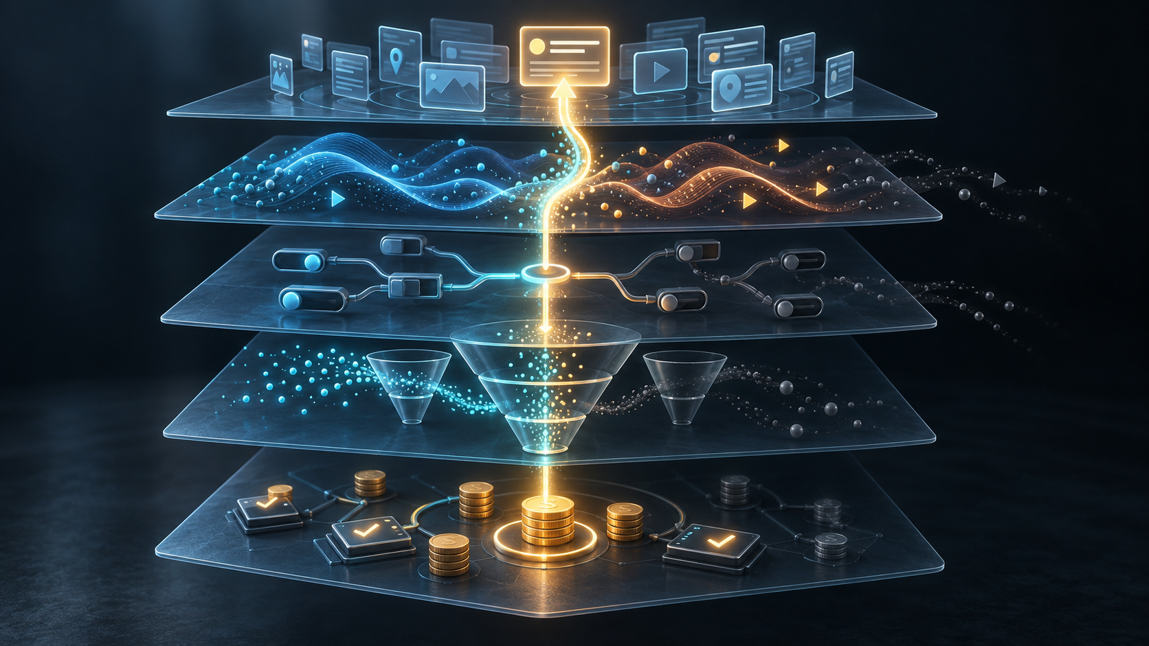 Five translucent evidence layers show business outcomes, a conversion funnel, campaign controls, market activity, and search surfaces connected by one glowing signal.