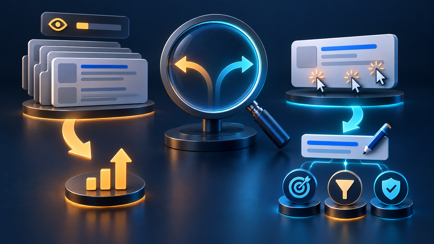A magnifying glass connects two abstract search-result symptoms to separate diagnostic paths on a dark digital workbench.