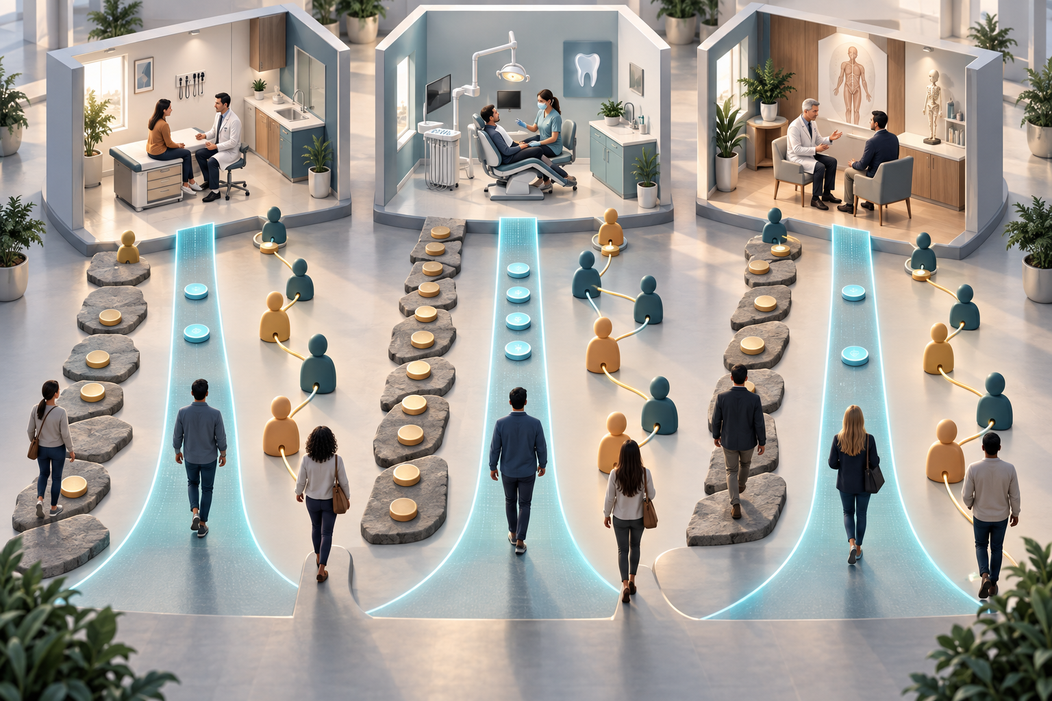 Three miniature healthcare settings are reached by different patient pathways with varying amounts of unmarked spending tokens.