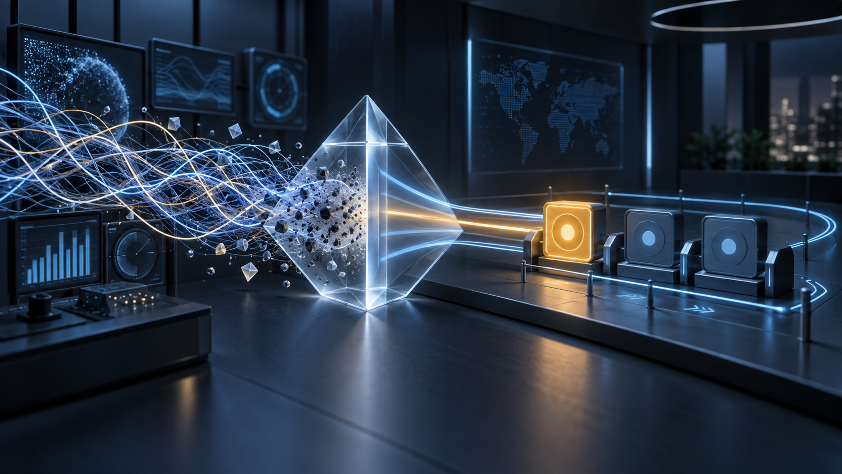 Tangled performance signals pass through a diagnostic prism and become an orderly queue of controlled actions, with one action highlighted.