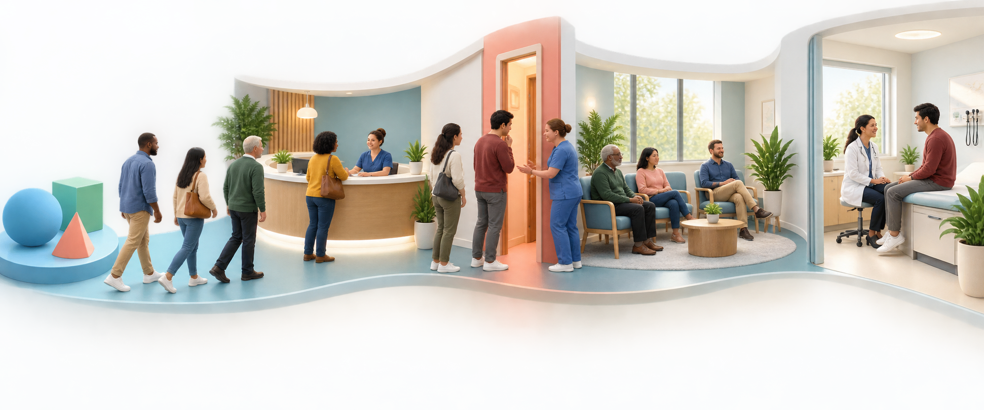 Patients move from outreach through reception and scheduling to an examination room, with one person paused at a scheduling bottleneck.