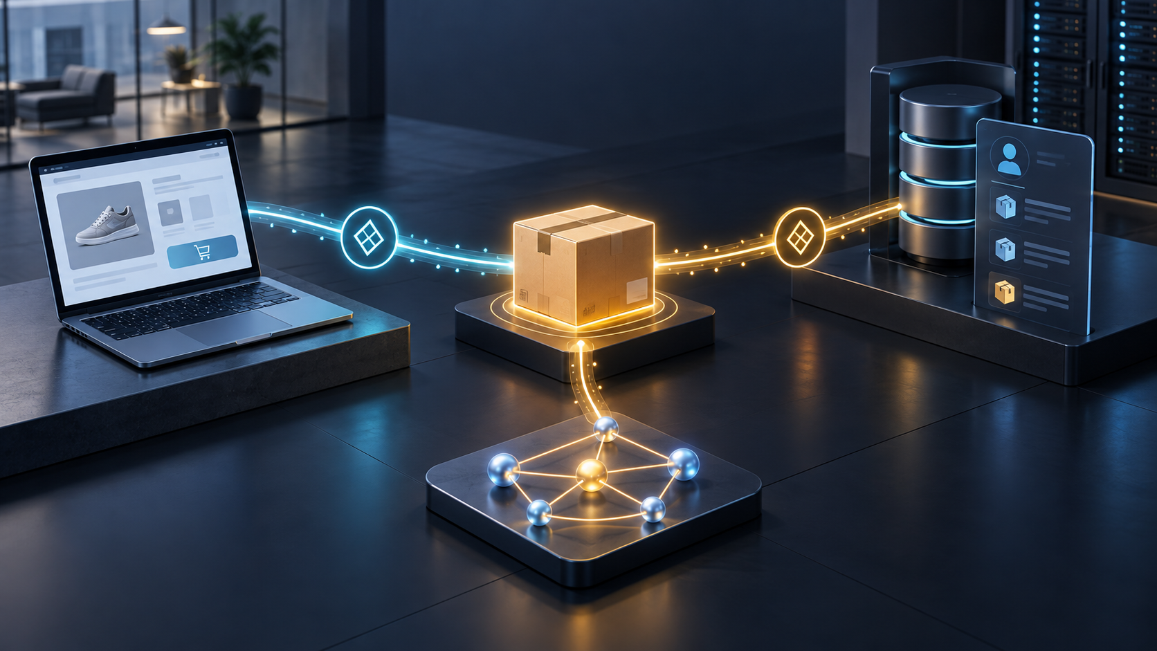 A laptop checkout and a back-office database send matching transaction signals into one unified advertising data system.
