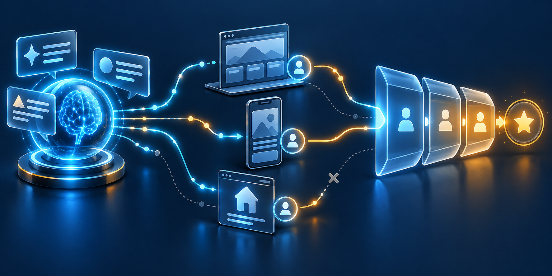 Abstract AI answer panels, digital customer touchpoints, and pipeline stages connected by glowing paths, with several paths fading between systems.