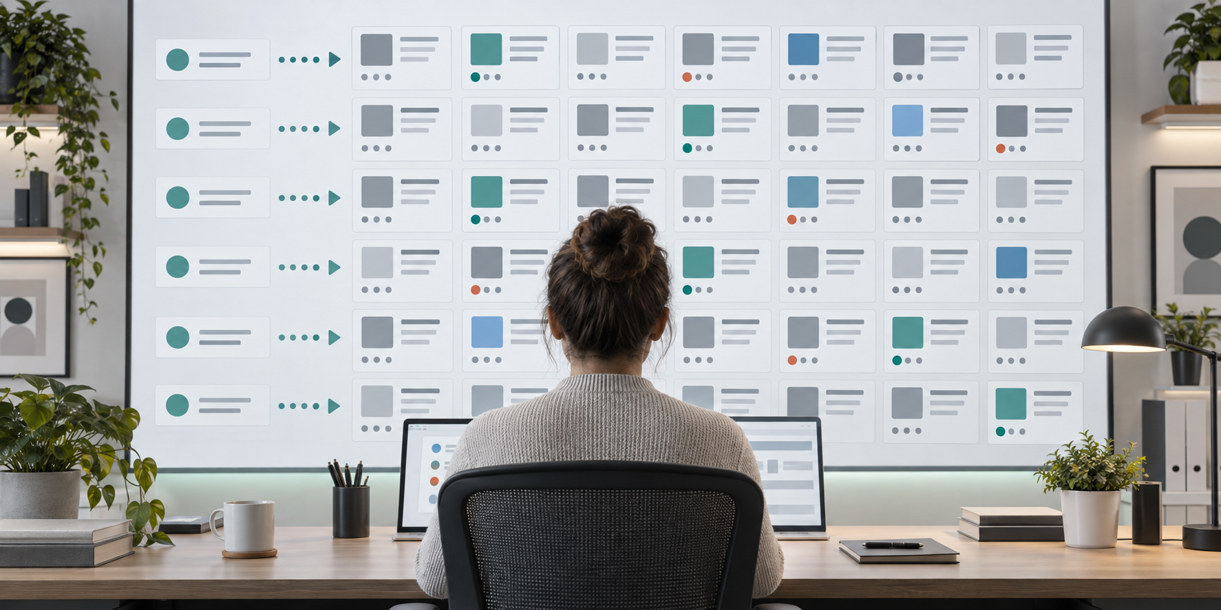 An analyst reviews a symmetrical wall of abstract AI response cards generated from repeated query tokens and marked with recurring source indicators.