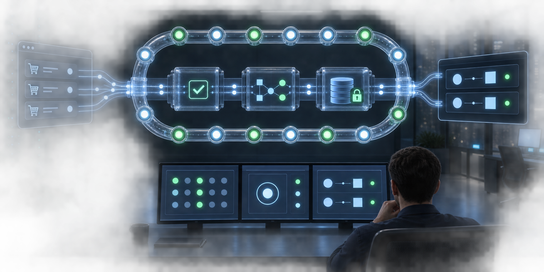 An analyst monitors purchase records moving through matching and validation checkpoints in a controlled data pipeline.