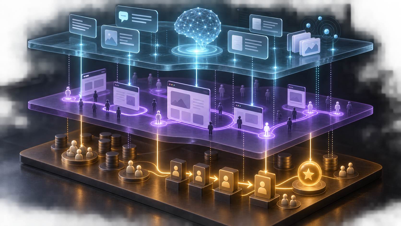 Three transparent layers show abstract AI responses above website activity and customer pipeline stages, connected by solid, dotted, and faint glowing threads.
