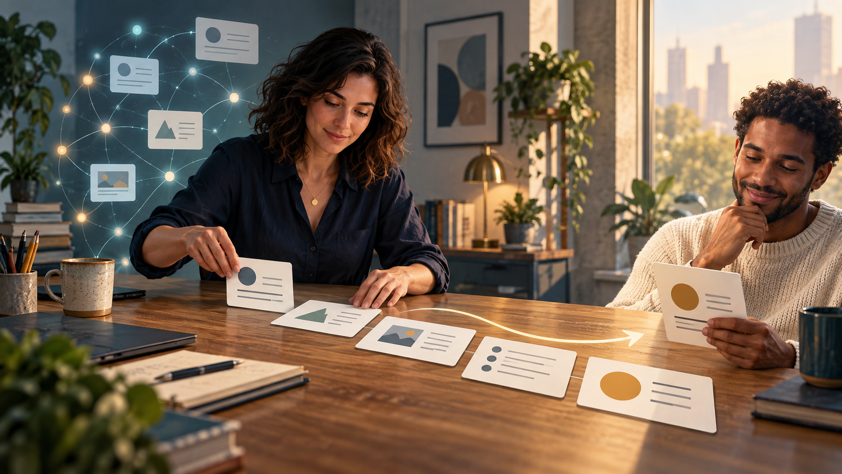 A content strategist arranges information cards into a path for a reader while a translucent digital network organizes the material nearby.