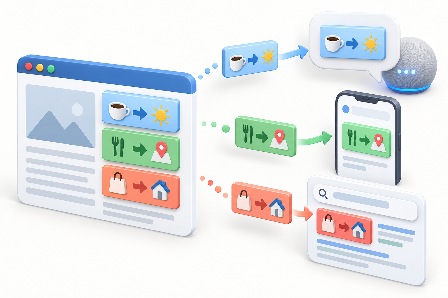 Modular information tiles move from a central page into several different digital interface frames while retaining their complete visual structure.