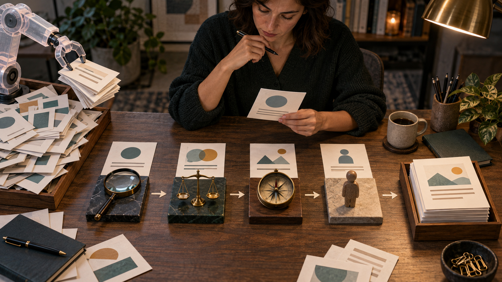 An editor reviews content cards at a desk using a magnifying glass, balance scale, compass, and human figure as visual quality checks.