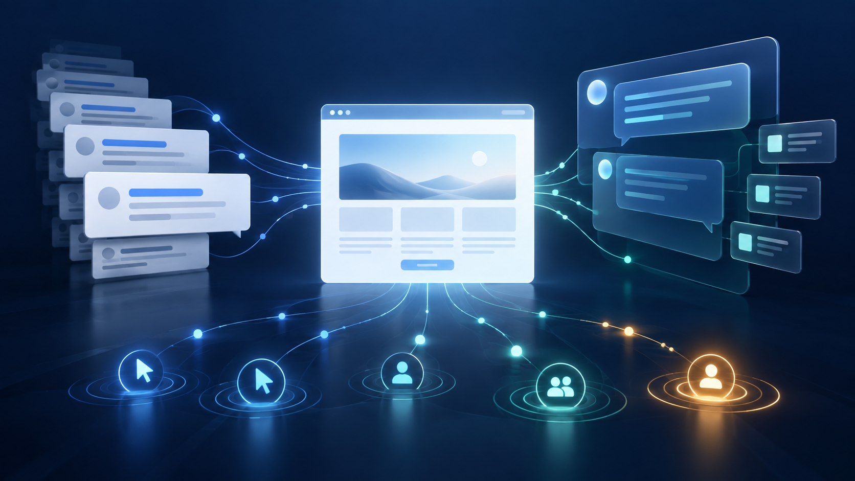 An abstract website page connects to stacked search result cards on one side and conversational answer panels with citation markers on the other, with both flowing toward shared outcome signals.
