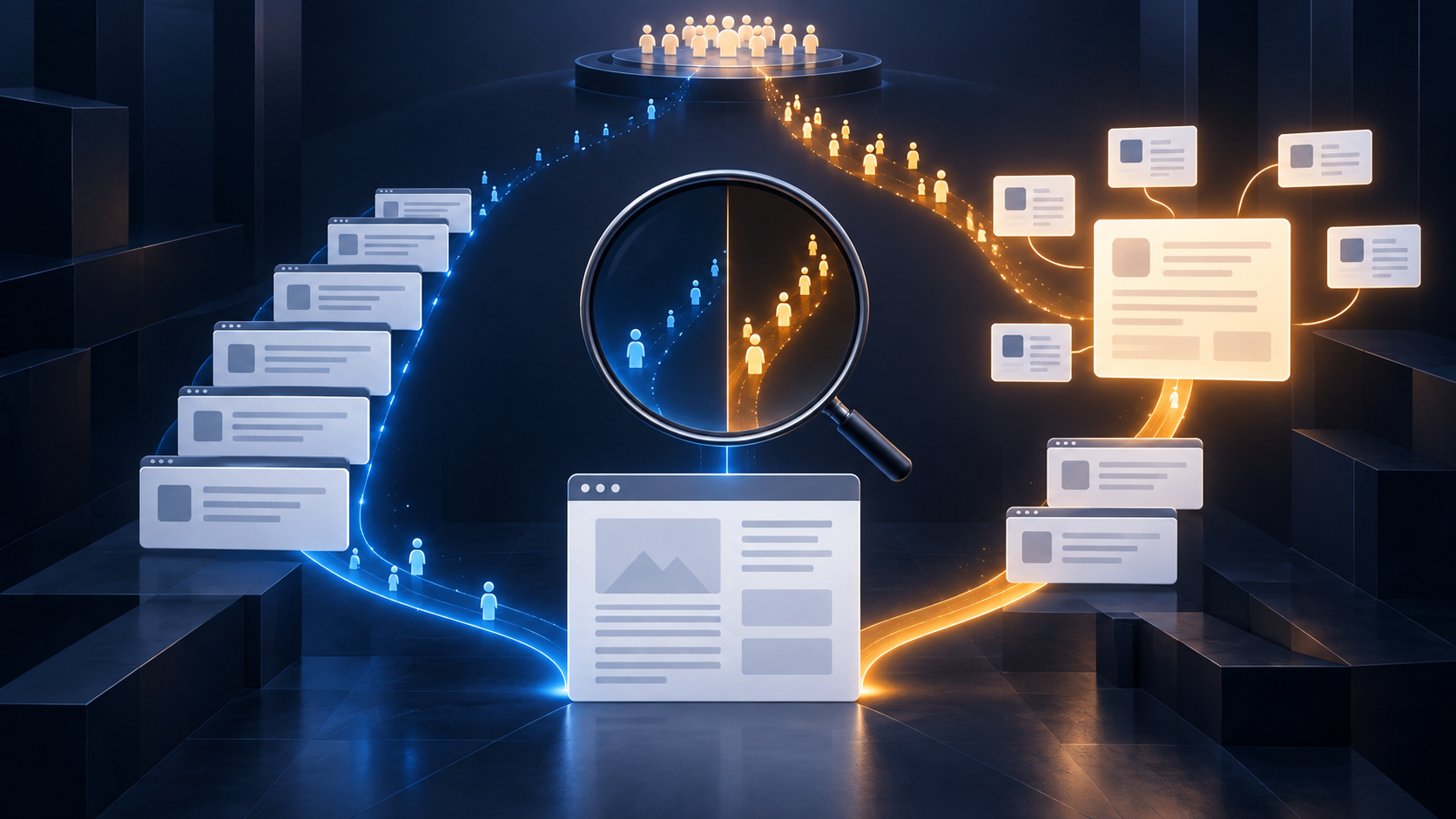A central web page follows two diverging paths, one through search result cards with few visitor signals and another into a bright answer panel with citation nodes, while an inspection lens highlights the mismatch.