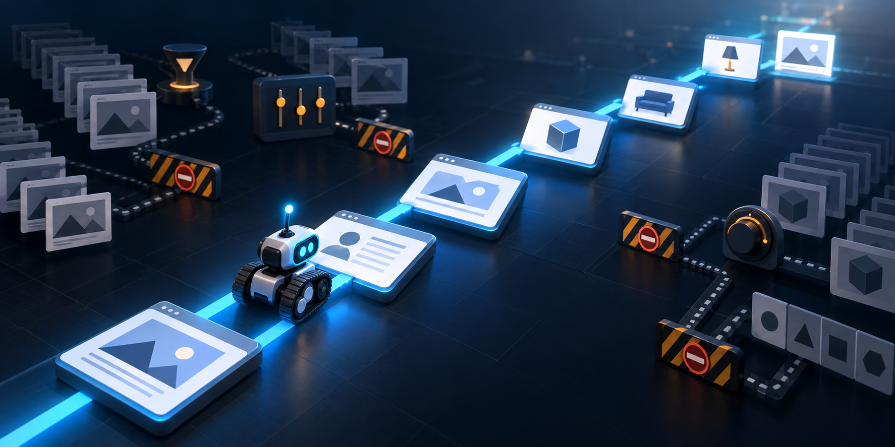 A crawler robot follows a clear sequence of connected page tiles while tangled duplicate routes are blocked at the sides.