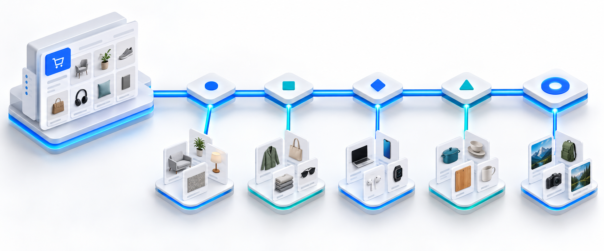 A finite chain of page modules connects a category platform to multiple groups of content cards.