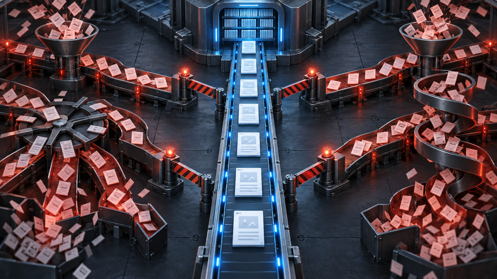 A central route carries unique page tiles forward while barriers stop surrounding branches from producing duplicates.