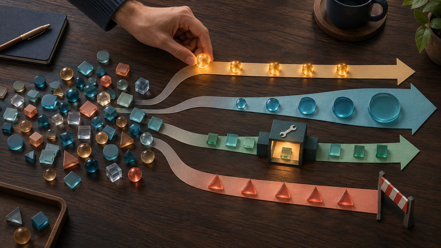 A strategist's hand organizes scattered translucent data tiles into four pathways representing different courses of action.