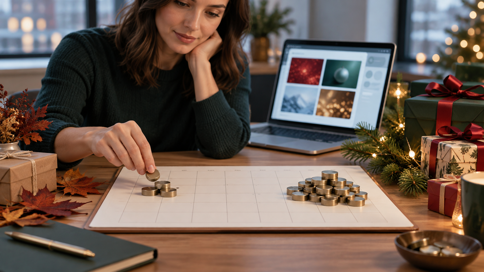 A marketer divides metallic budget tokens between early-season and peak-holiday areas beside a laptop displaying generic ad tiles.