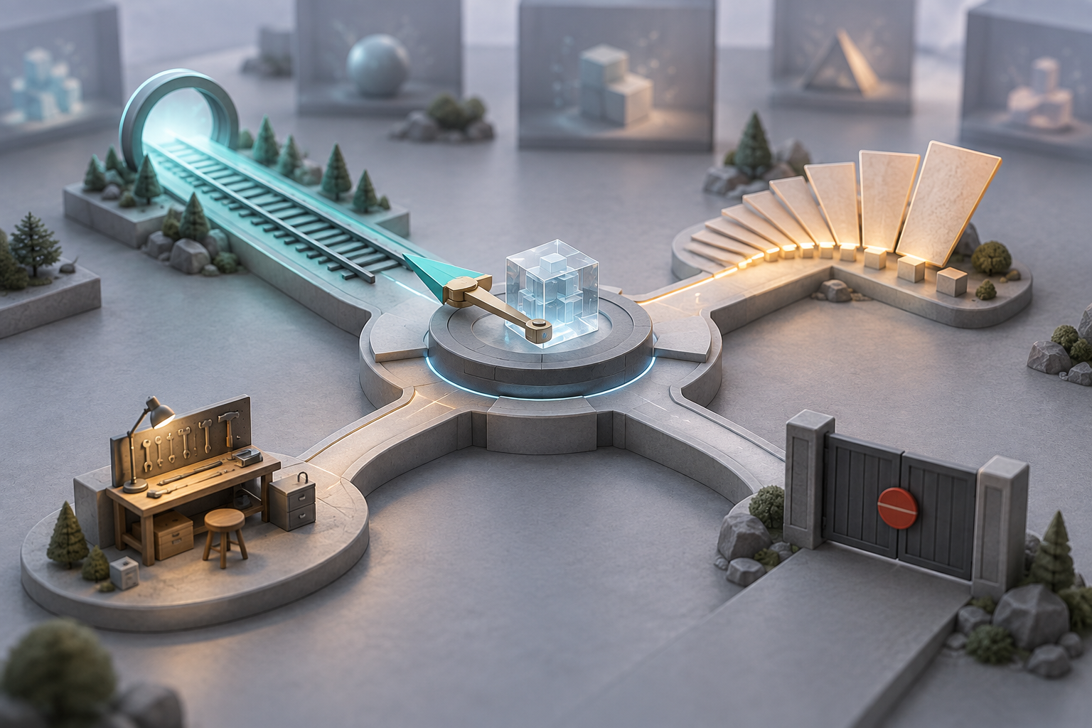 An architectural model shows a central evidence platform leading to four distinct routes, with a pointer aimed toward one path.