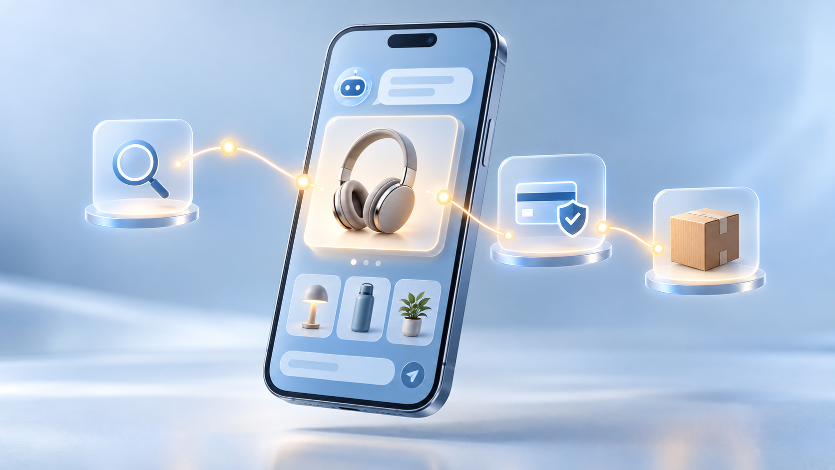 A smartphone with an abstract AI shopping interface connects search, a product recommendation, secure payment, and parcel delivery in one visual path.