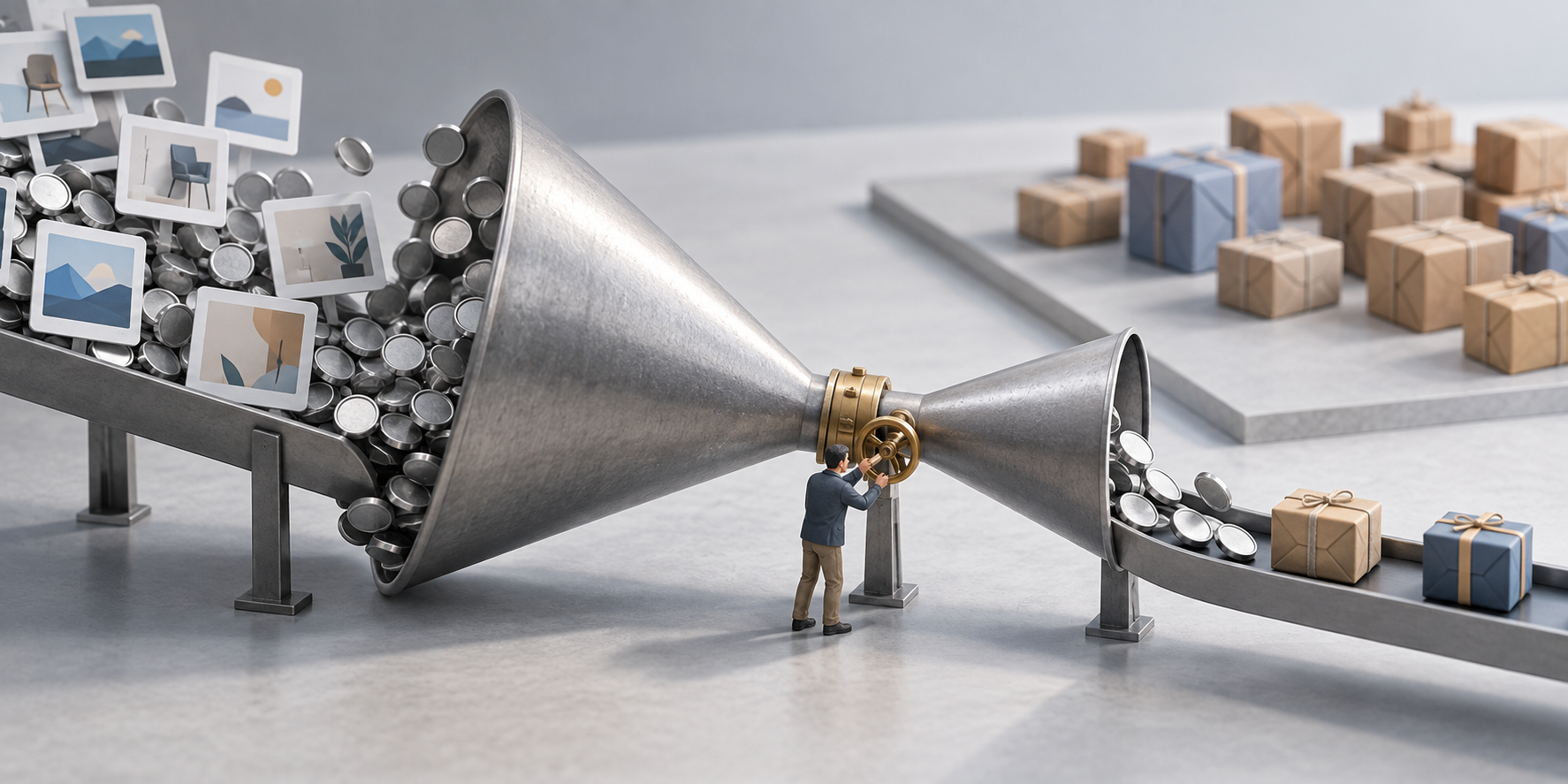 An analyst adjusts a funnel as many tokens enter near generic ad tiles and only a few emerge beside shopping parcels.