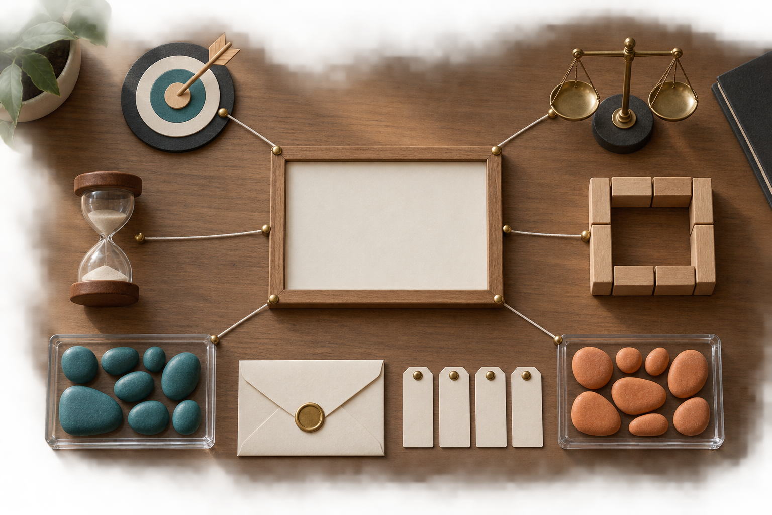 A project board is arranged with a target, balance scale, hourglass, boundary blocks, and separate trays of evidence stones.