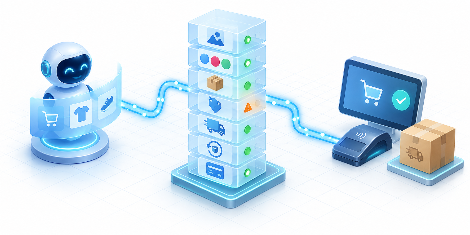Structured product-data tiles for inventory, pricing, shipping, returns, and payment connect an AI interface to checkout and fulfillment.
