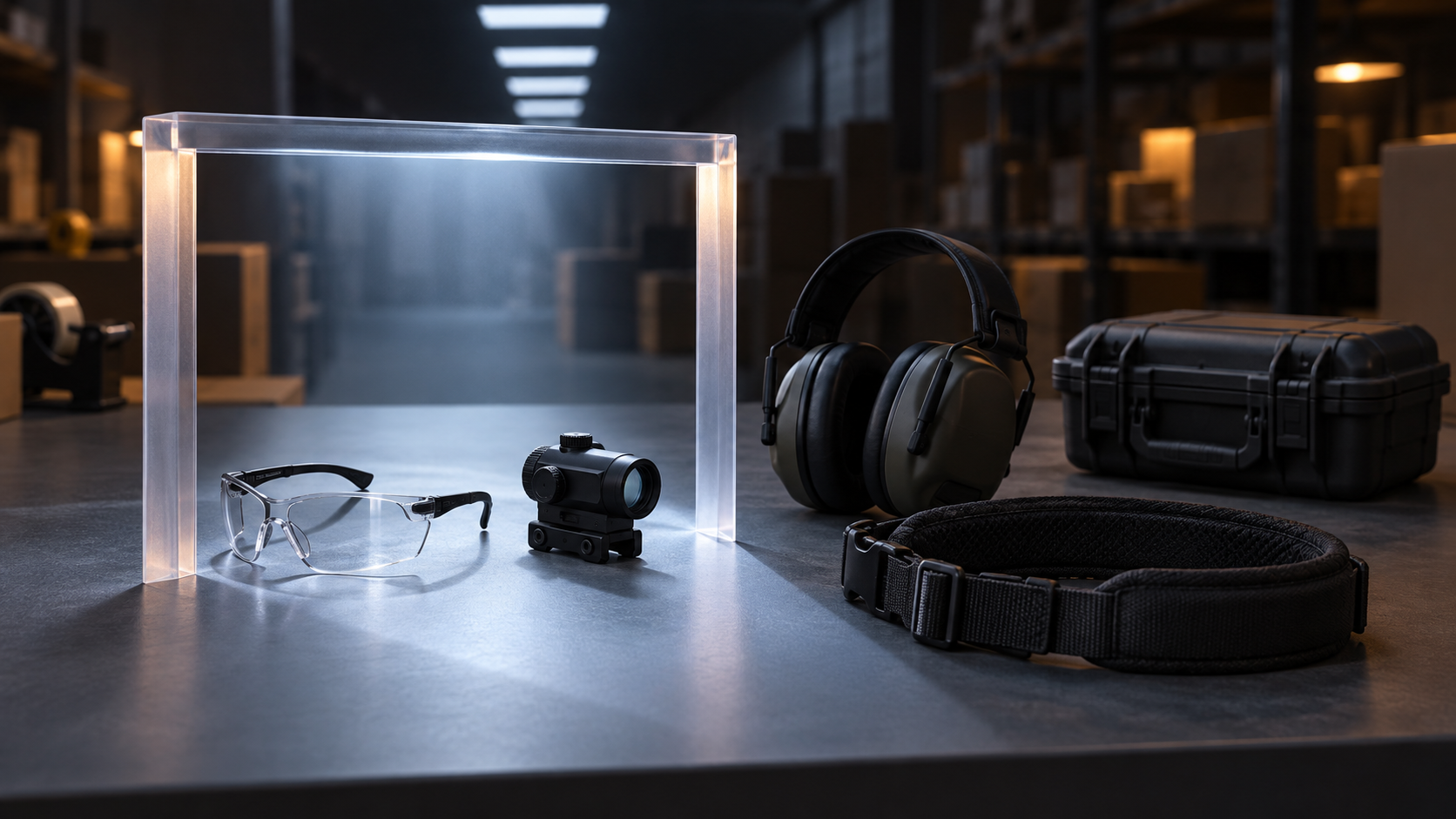 Unbranded sporting accessories on a packing table, with only selected items illuminated beyond a translucent checkpoint frame.