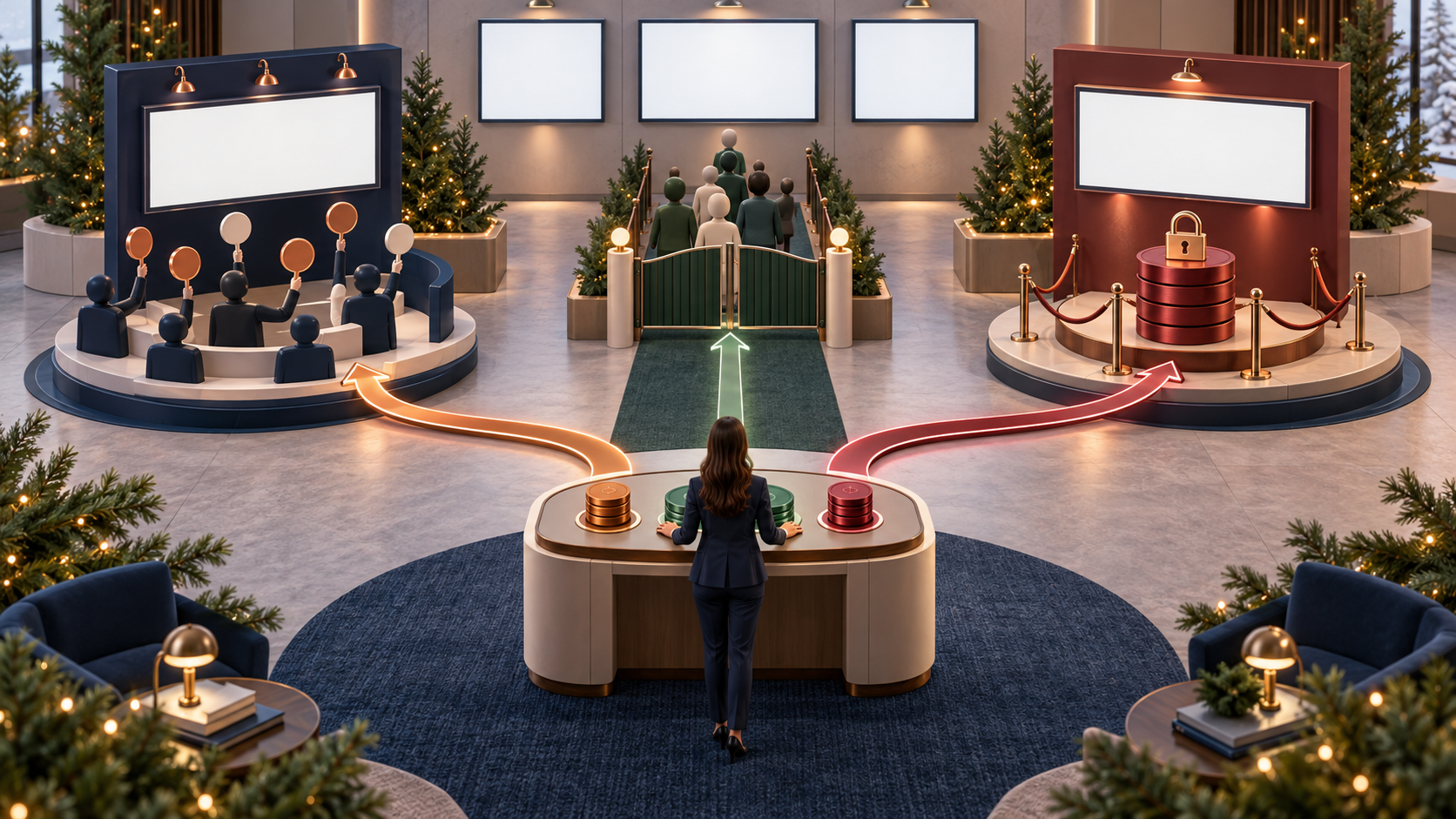 A media planner directs budget tokens toward three different ad-buying stations connected to blank display placements.