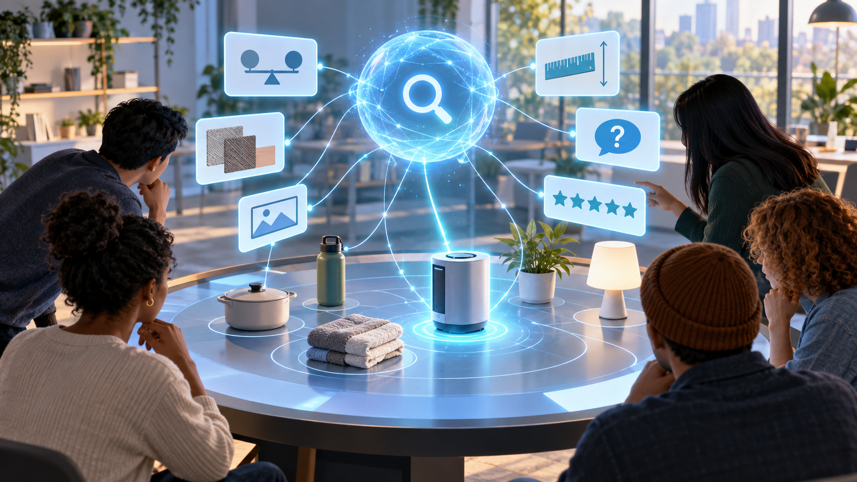 Shoppers compare unbranded products using visual evidence cards connected to an abstract AI search assistant.