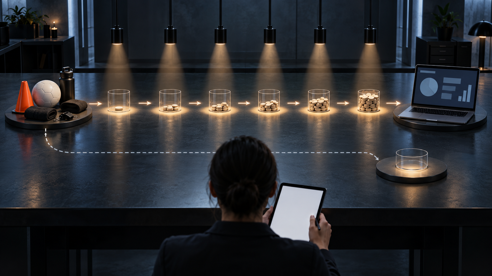 An analyst observes six illuminated test stages connecting approved sporting accessories to an abstract advertising dashboard and control lane.