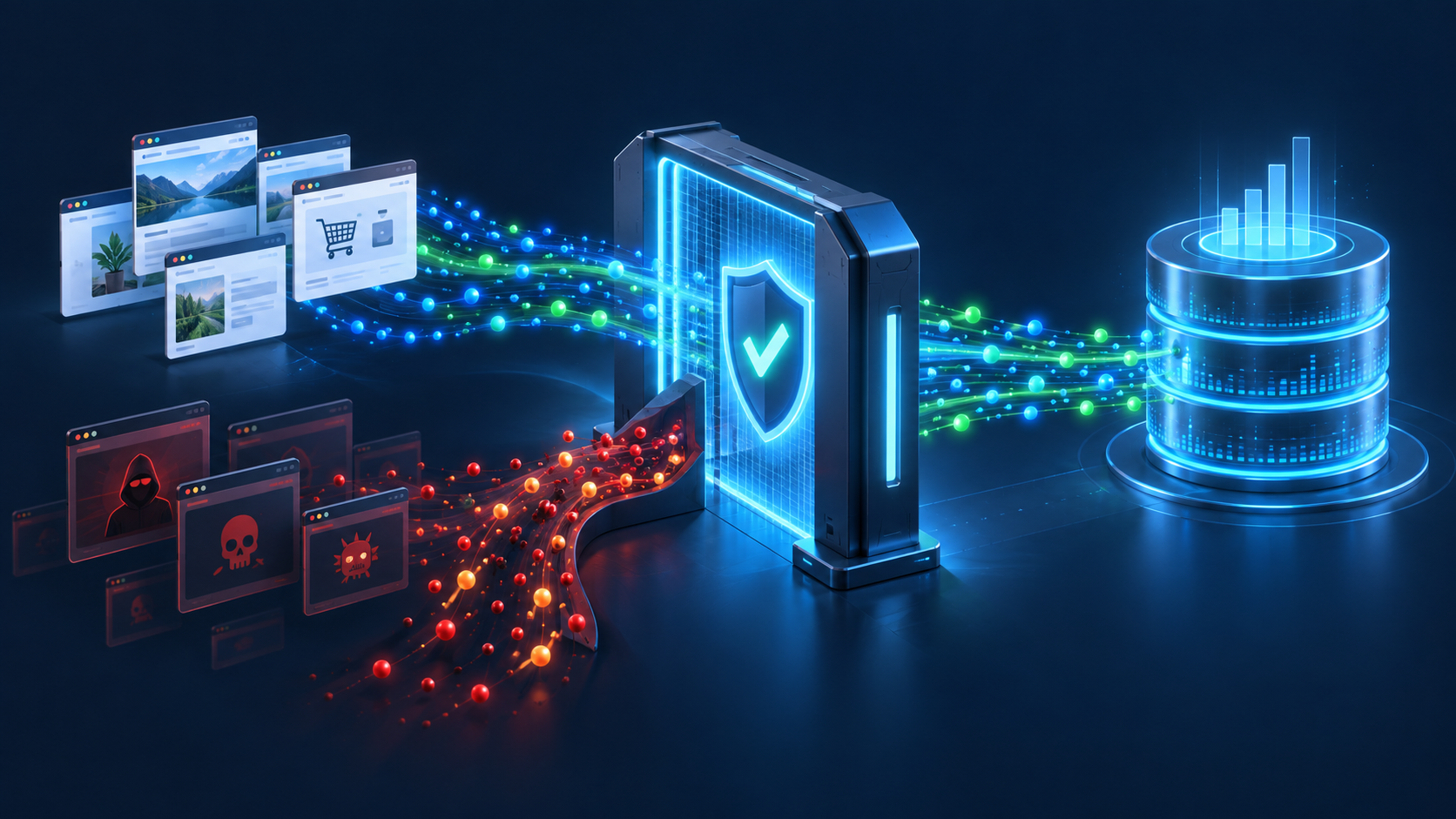 A digital gateway passes event streams from legitimate website and checkout windows to an analytics repository while diverting traffic from unfamiliar sites.