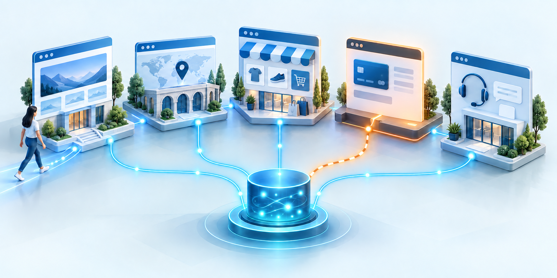 A visitor journey connects a main website, regional site, store, hosted checkout, and support portal to one analytics hub.