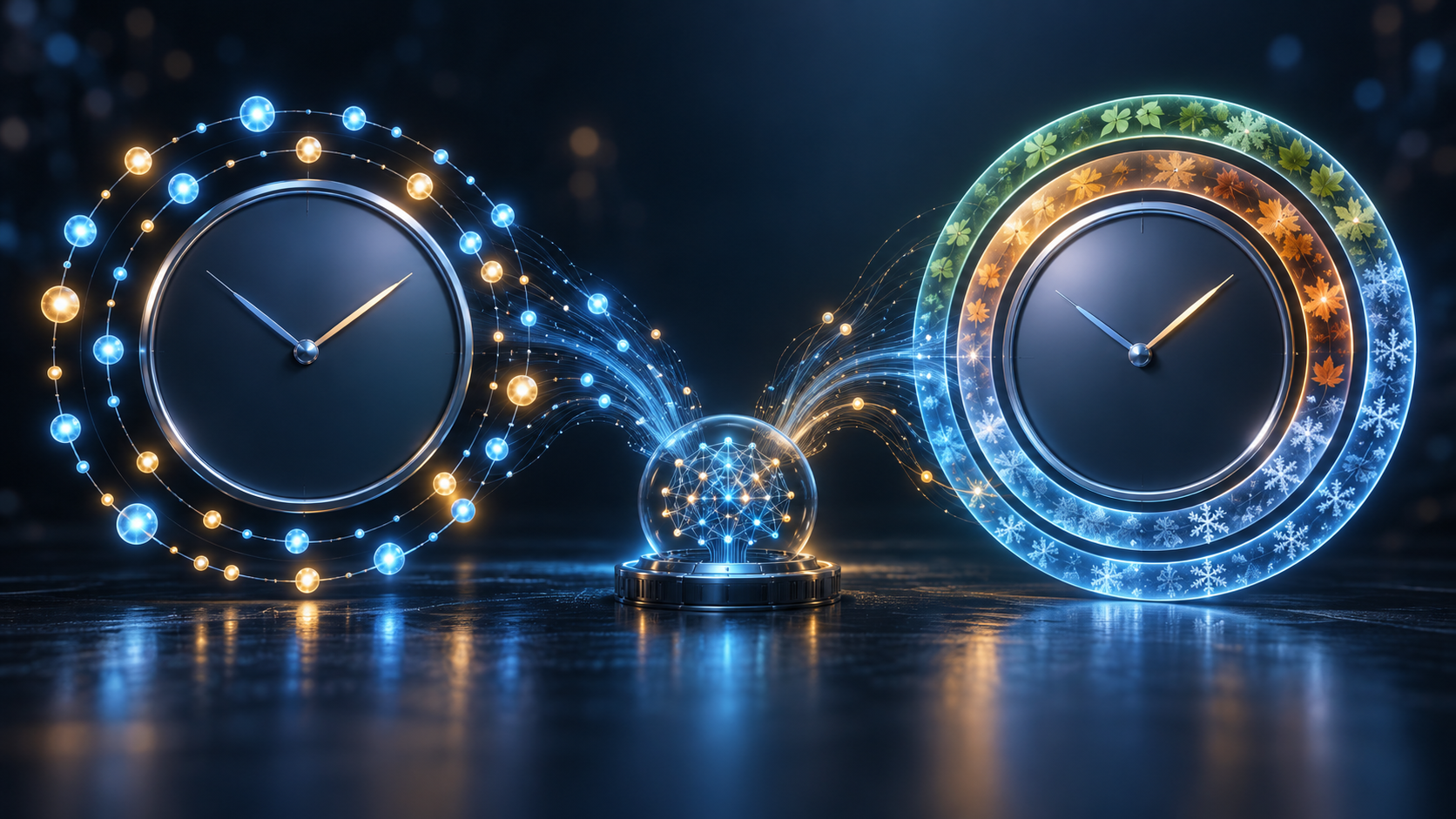 Two numeral-free clocks connected to a learning system, one surrounded by event signals and the other by three broad cycle rings.