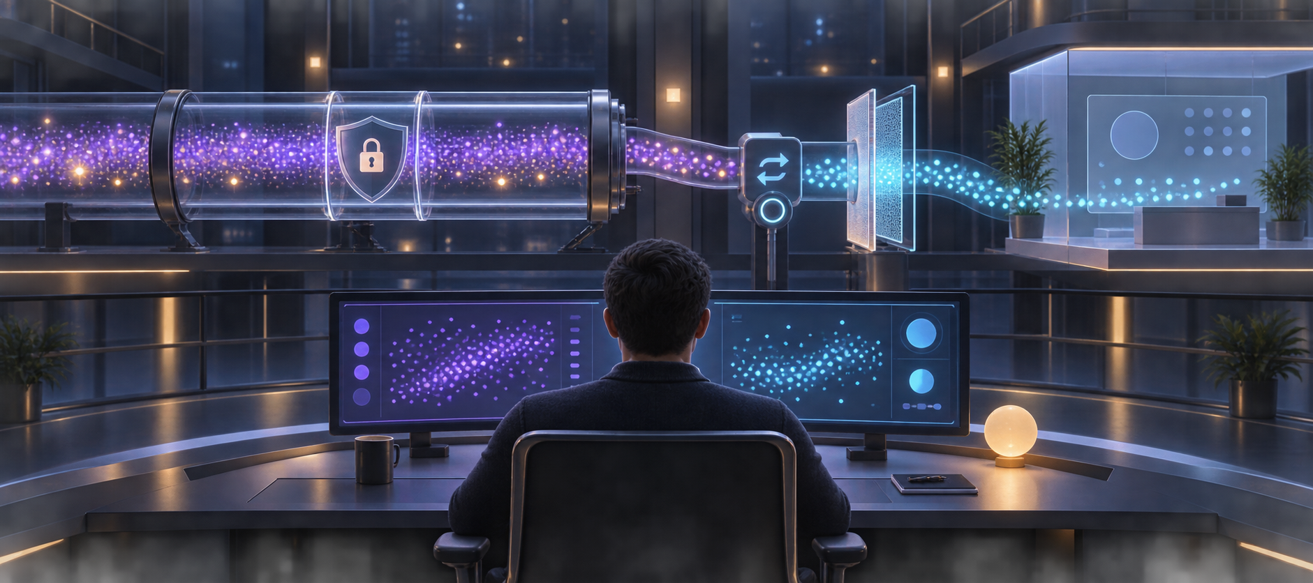 An analyst monitors parallel original and filtered event streams in a dark control room during a staged rollout.