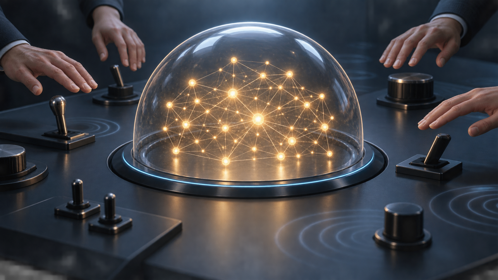 A glowing network develops inside a protective dome while hands pause above several surrounding control levers and dials.