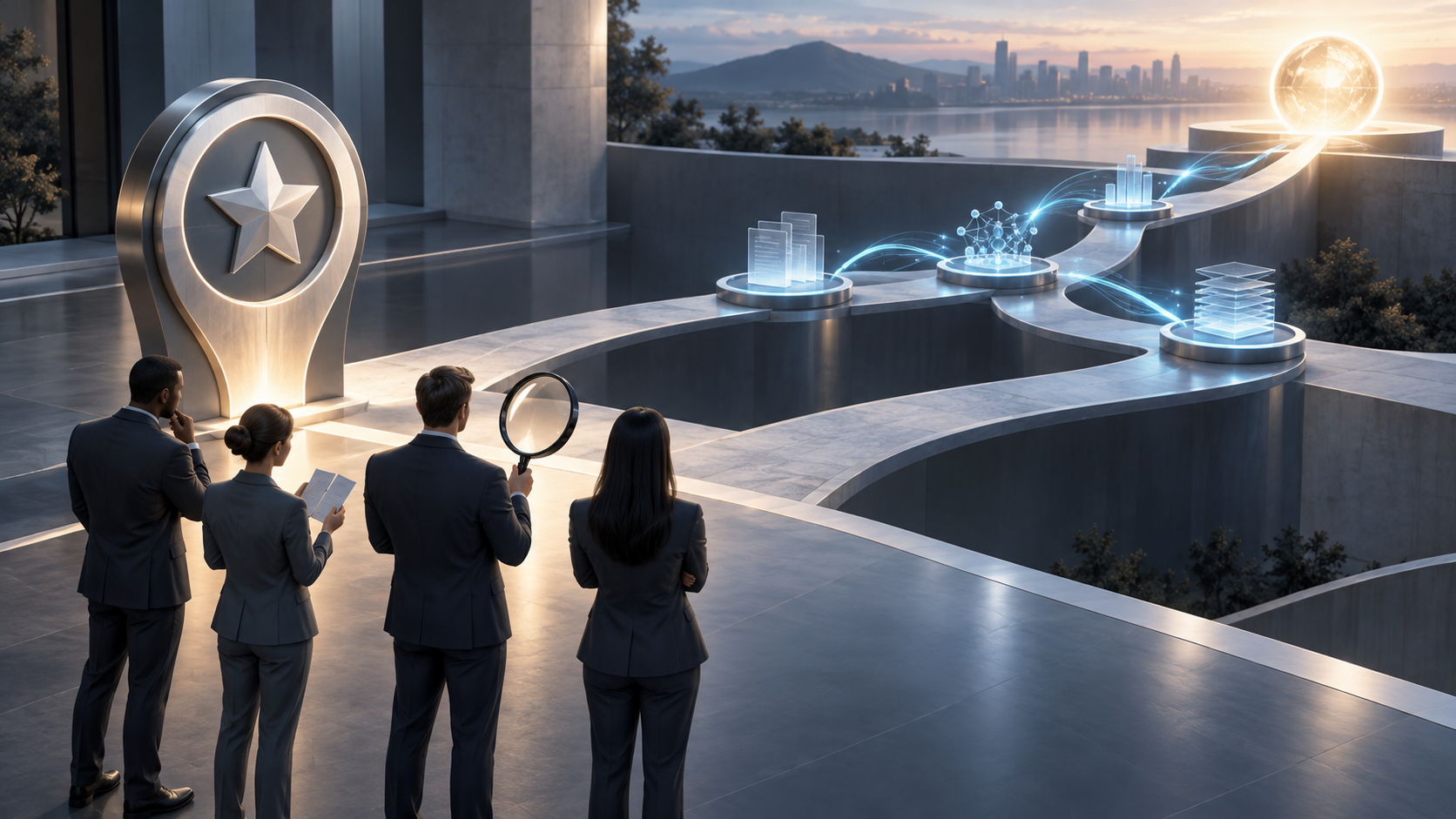 An enterprise team evaluates a branching path beyond a metallic recognition marker, with connected AI signals leading toward an illuminated outcome.