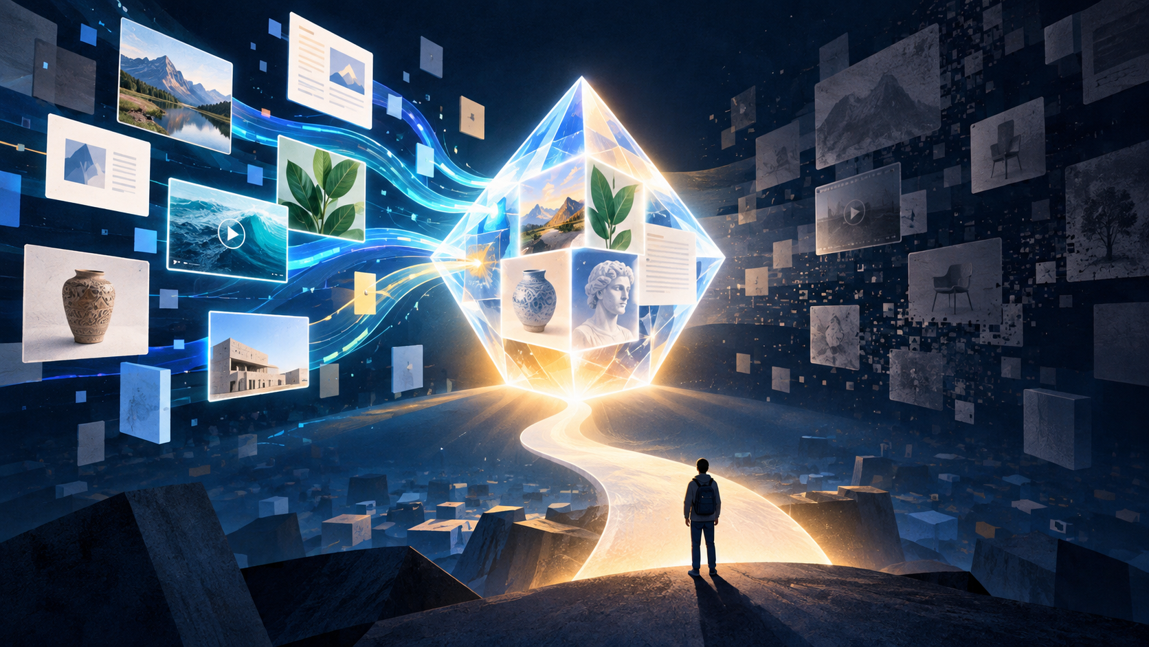 An abstract search system gathers web pages, images, and knowledge objects into a glowing answer prism connected to a person making a decision.