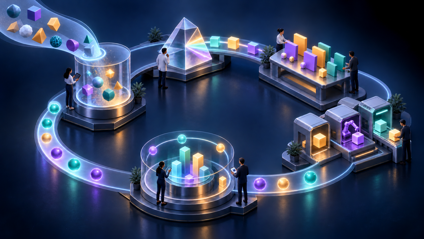 An isometric circular workflow carries search inputs through analysis, assigned work, production, and measured feedback while team members collaborate at each stage.