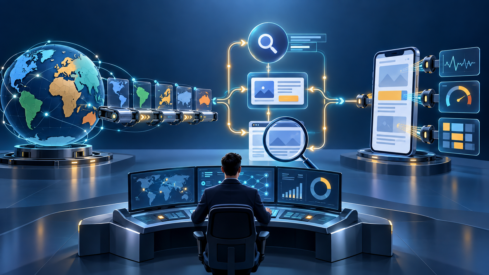 An analyst reviews a connected audit system linking country controls, automated ad decisions, and a measured mobile landing-page experience.