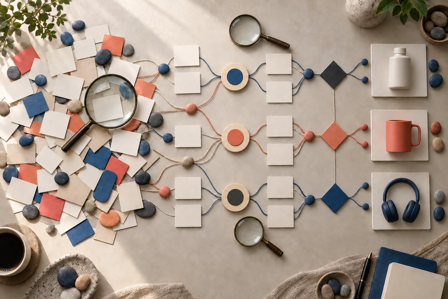 An overhead worktable displays blank cards, colored markers, branching threads, and comparison objects arranged from broad research to final choices.